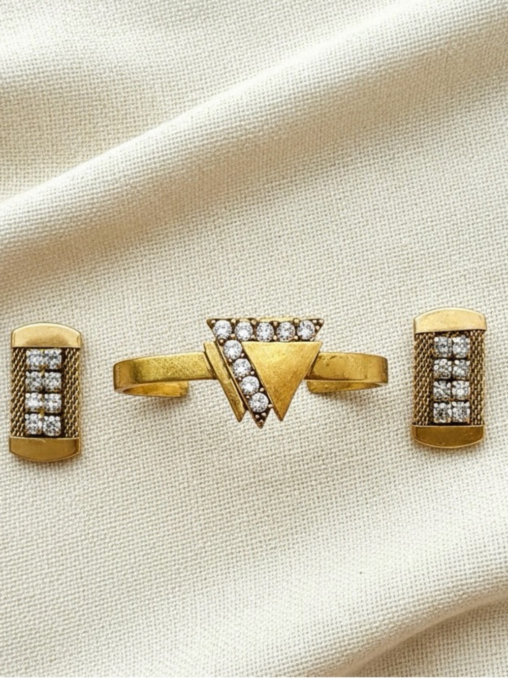 J.Crew Gold Tone Rhinestone Cuff Bracelet &  Vintage Clip-On Earrings Art Deco
